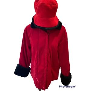 Jones of New York Red Jacket with black faux fur and matching hat size 14